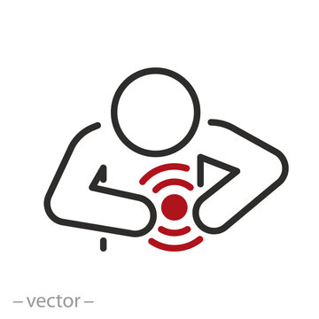 heartache icon, heart hurts, person supports heart with hands, pain or attack, thin line symbol on white background - editable stroke vector illustration