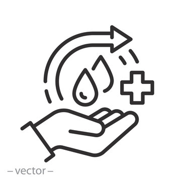 blood donation icon, hand holding blood drops, donor, give linear style, editable stroke vector illustration