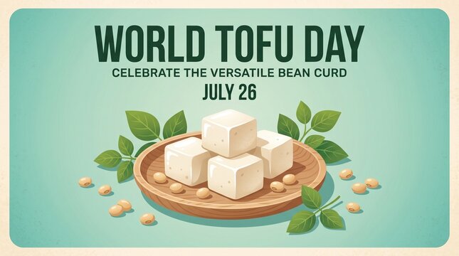 World tofu day illustration with tofu cubes on a wooden plate and soybean leaves