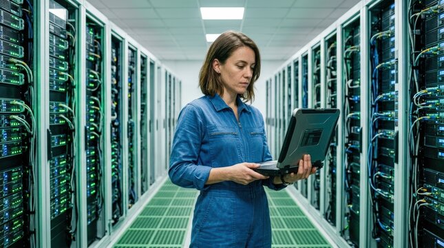 Woman working on laptop in modern data center server room.