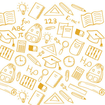Seamless education doodle pattern featuring school supplies, books, pencils, graduation caps, and learning icons on a white background.