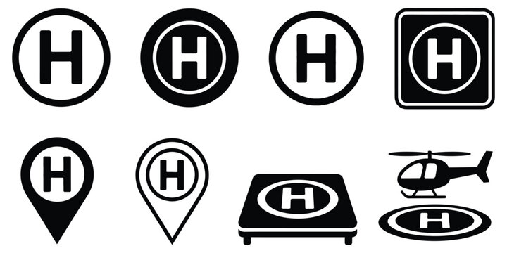 Helicopter Landing Pad Icon Set Aviation Landing Zone Symbols with H Letter Outline and Solid Styles for Safety Design Vector