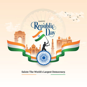 Happy Republic Day celebration design featuring the Indian tricolor, Ashoka Chakra, iconic monuments, and patriotic elements on a clean festive background.