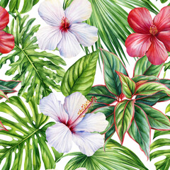 Red and white hibiscus flowers tropical green leaves watercolor composition on white background for botanical decor summer design © Hanna