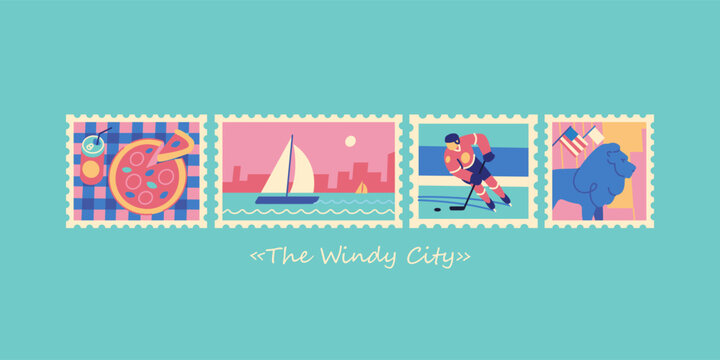 Chicago travel banner with vintage postage stamps line vector. The Windy City nickname horizontal infographic, ice hockey player, deep dish pizza and landmark lion flat illustration.