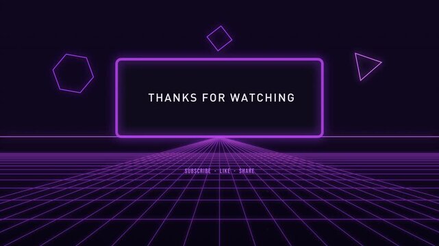 Cyber Grid Neon End Screen Purple Perspective Floor Glowing Geometric Shapes Streaming Outro. 4k