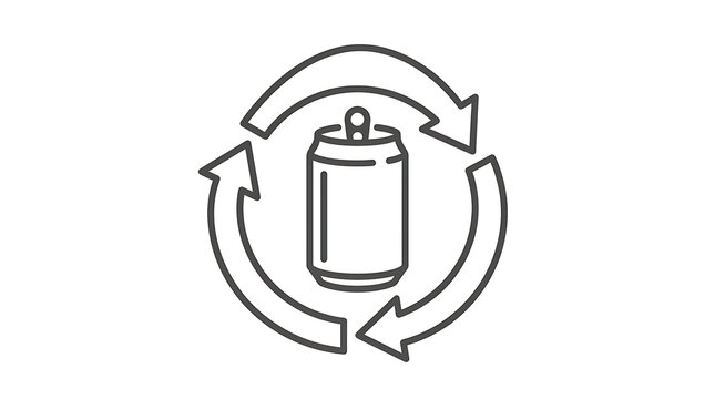 Minimalist line art icon featuring a metallic beverage can placed inside a circular recycling symbol representing eco friendly waste management and sustainable product disposal practices today