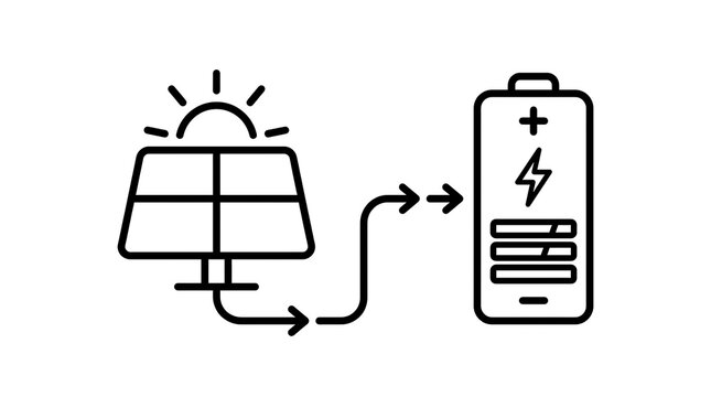 Minimalist black line icon representing a solar panel system charging a large battery unit for renewable energy storage concepts on a clean and simple white background