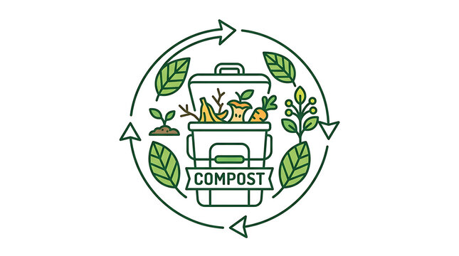 Compost bin icon featuring organic food waste and recycling arrows in a flat vector style design for sustainable living and eco friendly waste management practices