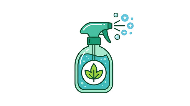 Green spray bottle illustration featuring a natural leaf icon for organic cleaning products rendered in a clean flat vector style with bright blue sparkling bubbles