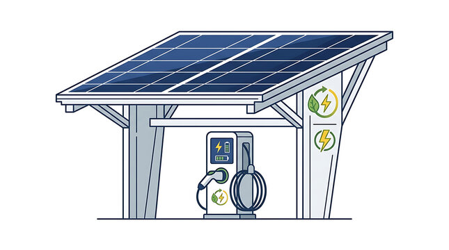 Modern electric vehicle charging station powered by clean solar energy panels featuring a minimalist graphic design style with bright colors and clean lines on white background