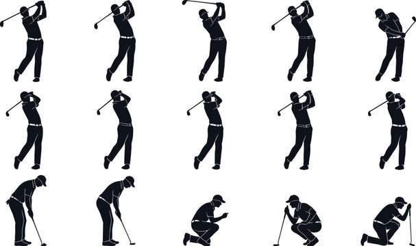 Professional Golf Player Silhouette Collection with Full Swing Putting Green Reading and Follow Through Action Poses Vector Illustration Set
