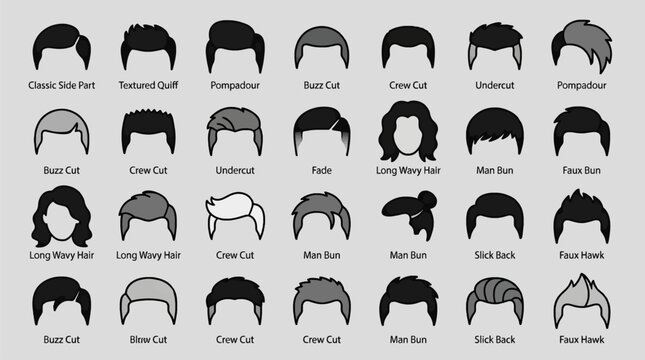 Flat Vector Icons Set of Diverse Men's Hairstyles, Including Classic Side Part, Pompadour, Buzz Cut, Crew Cut, Undercut, Man Bun, and Faux Hawk, Presented in a Grid Layout with Labels