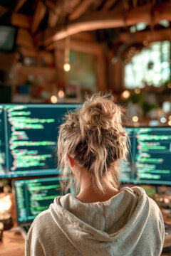 Back view of woman programmer working with empty space overlay