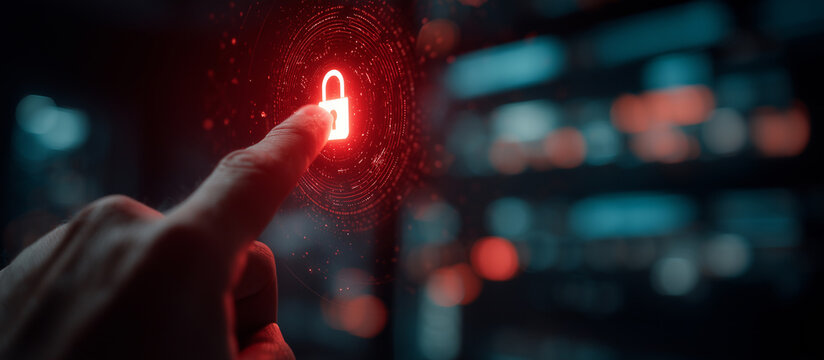 Human finger touching red glowing lock icon digital screen