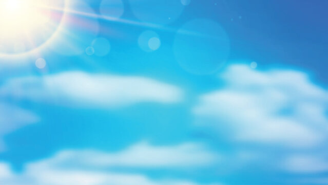 Realistic sun ray through clouds in right composition with blue sky background. After the rain scene. Rainy cloud monsoon season banner. Cloudy day. illustration.