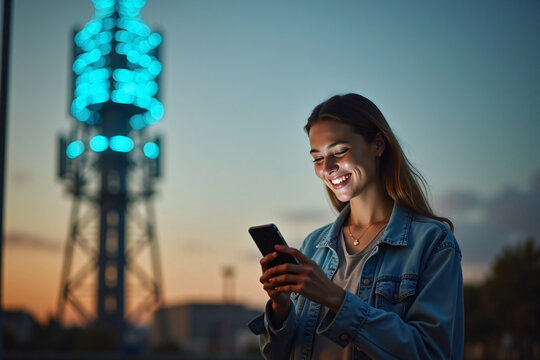 Happy young woman standing outdoors at dusk using smartphone smiling joyfully with blurred illuminated communication tower in background technology