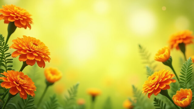 Vibrant spring summer decorative frame mockup with orange marigolds green ferns and yellow accents gently swaying in soft breeze