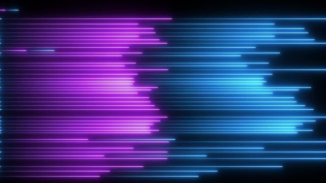 Neon glowing horizontal lines abstract background, cyberpunk digital data flow motion