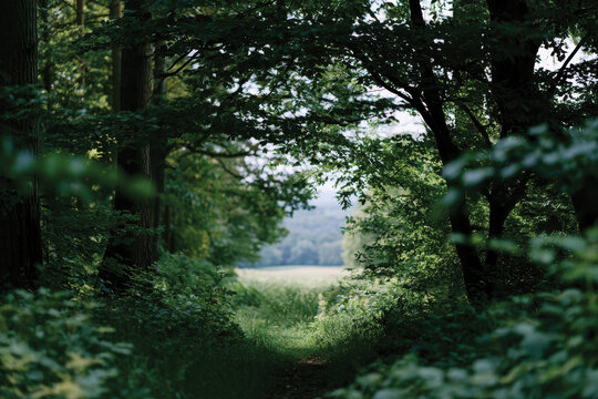 A serene pathway framed by vibrant greenery invites exploration, leading to a distant field. The gentle light filters through the leaves, creating a tranquil atmosphere.