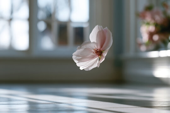A soft pink flower gracefully suspended in mid-air, illuminated by natural light, highlights its delicate petals, conveying beauty and fragility in a serene indoor setting.