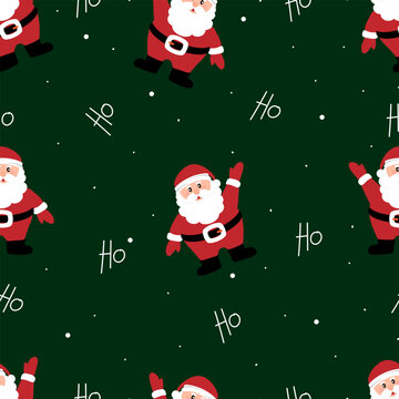 Christmas Winter New Year Seamless Pattern With Cute Santa Claus And Ho Ho Ho Text On Dark Green Background. Festive Vector Illustration For Gift Wrapping Paper, Fabric, Wallpaper And Textile.