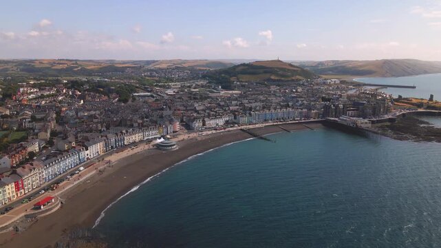 Aberystwyth pier seafront promenade and town aerial panorama view
