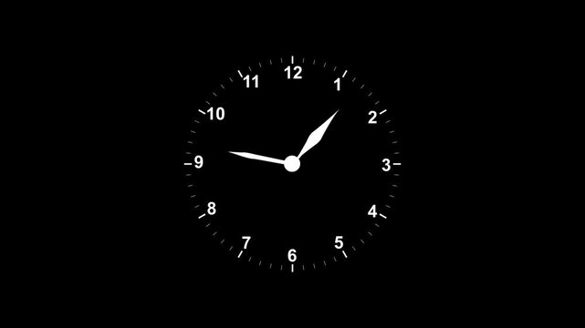 Minimalist analog clock face with moving hands on black background, time passing concept watch dial
