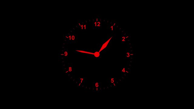 Minimalist red analog clock face with fast spinning hands on black background, time watch