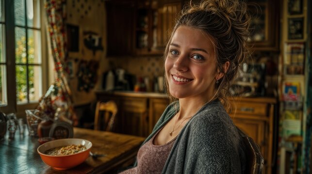 A radiant young woman with her hair tied in a messy bun smiles warmly while sitting at a wooden table in a cozy kitchen, a bowl of cereal before her.