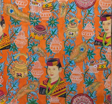  Hand-drawn seamless pattern featuring traditional Kalash Valley culture, cultural ethnic folk art with portrait illustration, peacock feathers, traditional pottery, and traditional kettle on vibrant.