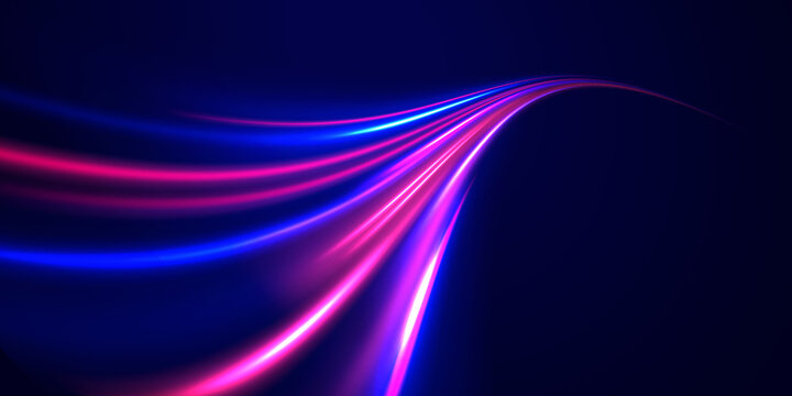 Elegant glowing loops create visual speed. Rich neon colors blend. Abstract technology design.
