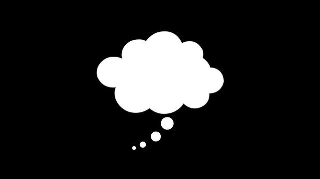 Animated white thought bubble appearing on black background, for creative communication, speech bubble