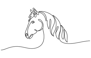 Continuous single line drawing of a horse head profile with a flowing mane in a simple minimalist art style for modern home decor and logos Vector, illustration © Normal Line Drawing