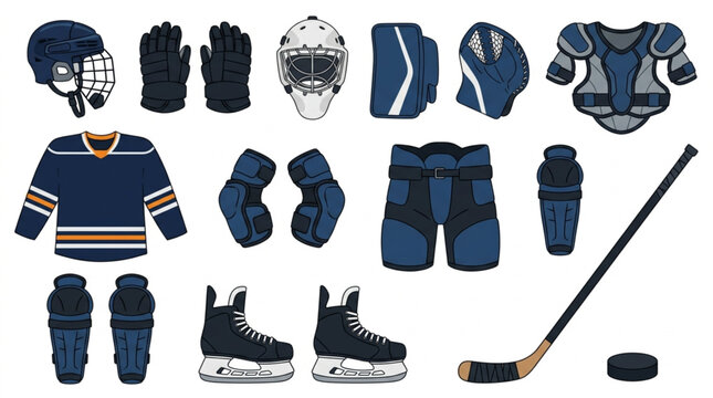 Illustrated Ice Hockey Player and Goalie Protective Gear Collection