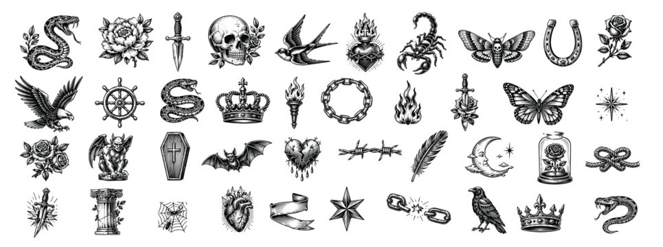 Vintage old school tattoo flash set, 40 black ink traditional tattoo icons, hand drawn gothic occult vector illustrations for apparel design