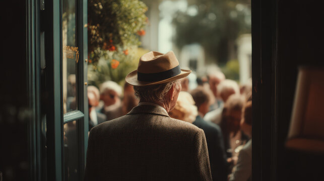An elderly gentleman in a fedora hat enters a gathering, his back to the viewer, as a blurred crowd of people anticipates his arrival in an outdoor setting, evoking a sense of occasion and mystery.