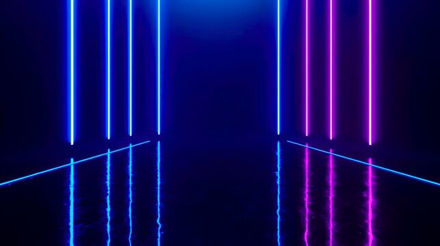 Vibrant neon tubes glow in deep blue and purple