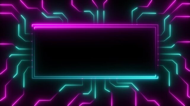 Neon cyberpunk circuit board frame with glowing data lines for tech backgrounds technology