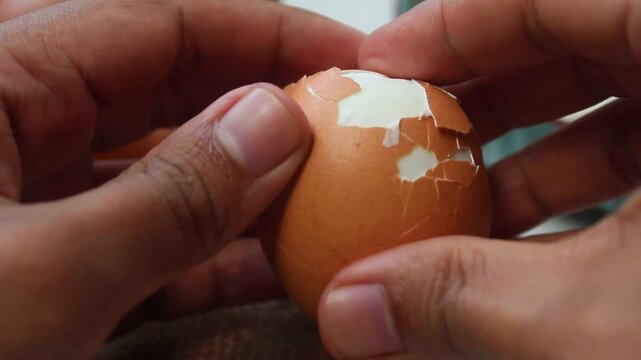 close up of a hard boiled egg being peeled