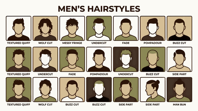 Flat Vector Illustration of Men's Hairstyles Chart, Displaying Various Cuts Like Textured Quiff, Wolf Cut, Fade, Pompadour, Buzz Cut, Undercut, Side Part, and Man Bun, with Labels and Neutral