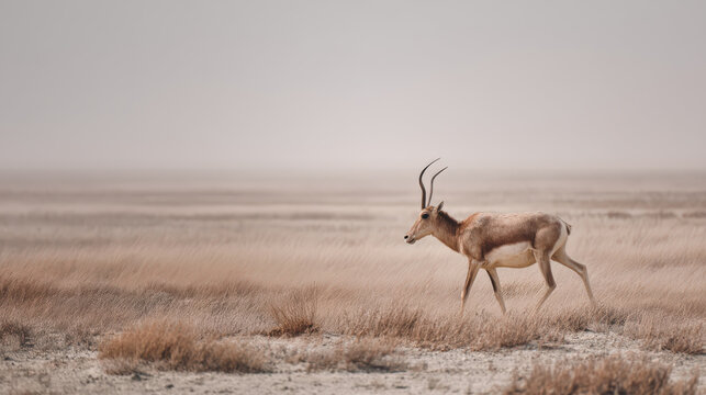 A saiga antelope with its distinctive bulbous nose and curved horns walks across a dry, grassy plain under a hazy sky, embodying the resilience of life in a harsh environment.