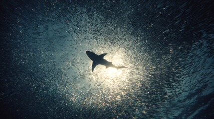 Fototapeta premium A menacing silhouette of a shark swims through the ocean depths, illuminated by the sun's rays breaking through the water's surface.