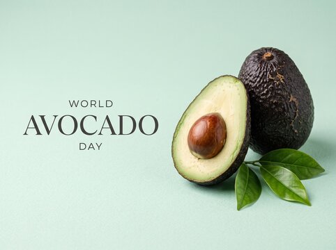 World Avocado Day Creative Banner with Whole and Halved Fresh Ripe Avocado on Soft Green Background