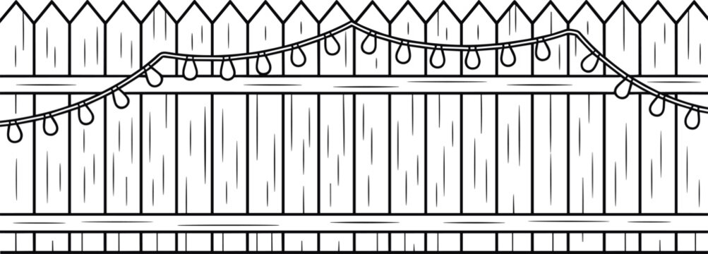 Wooden fence with string lights line art illustration