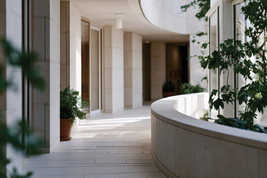 This image showcases a modern indoor architectural space featuring curved lines, elegant design, and abundant greenery, creating a serene atmosphere for relaxation.