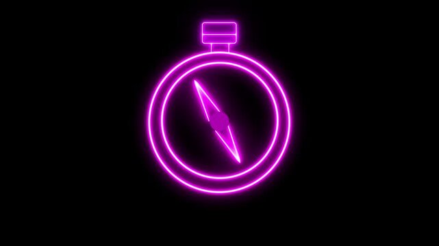 Neon pink compass glowing on black background, minimalist navigation symbol animation