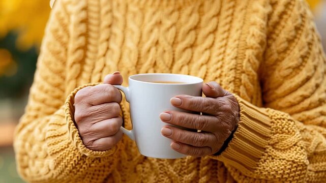 Unrecognizable Woman Holding White Mug Of Tea Or Coffee In Cozy Sweater, Autumn Background