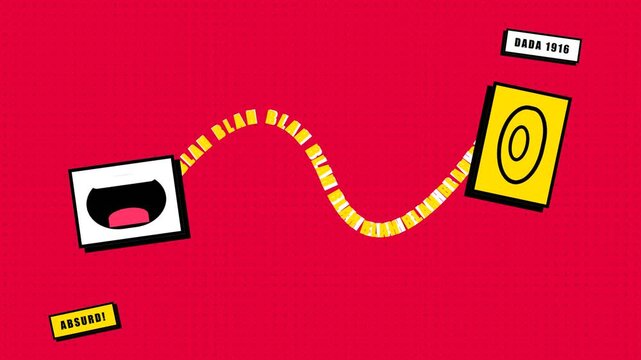 Dadaist abstract illustration of communication and absurdity on a red background.