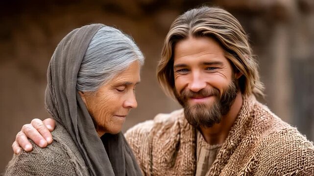 Jesus aids an elderly couple in a village setting, 8K